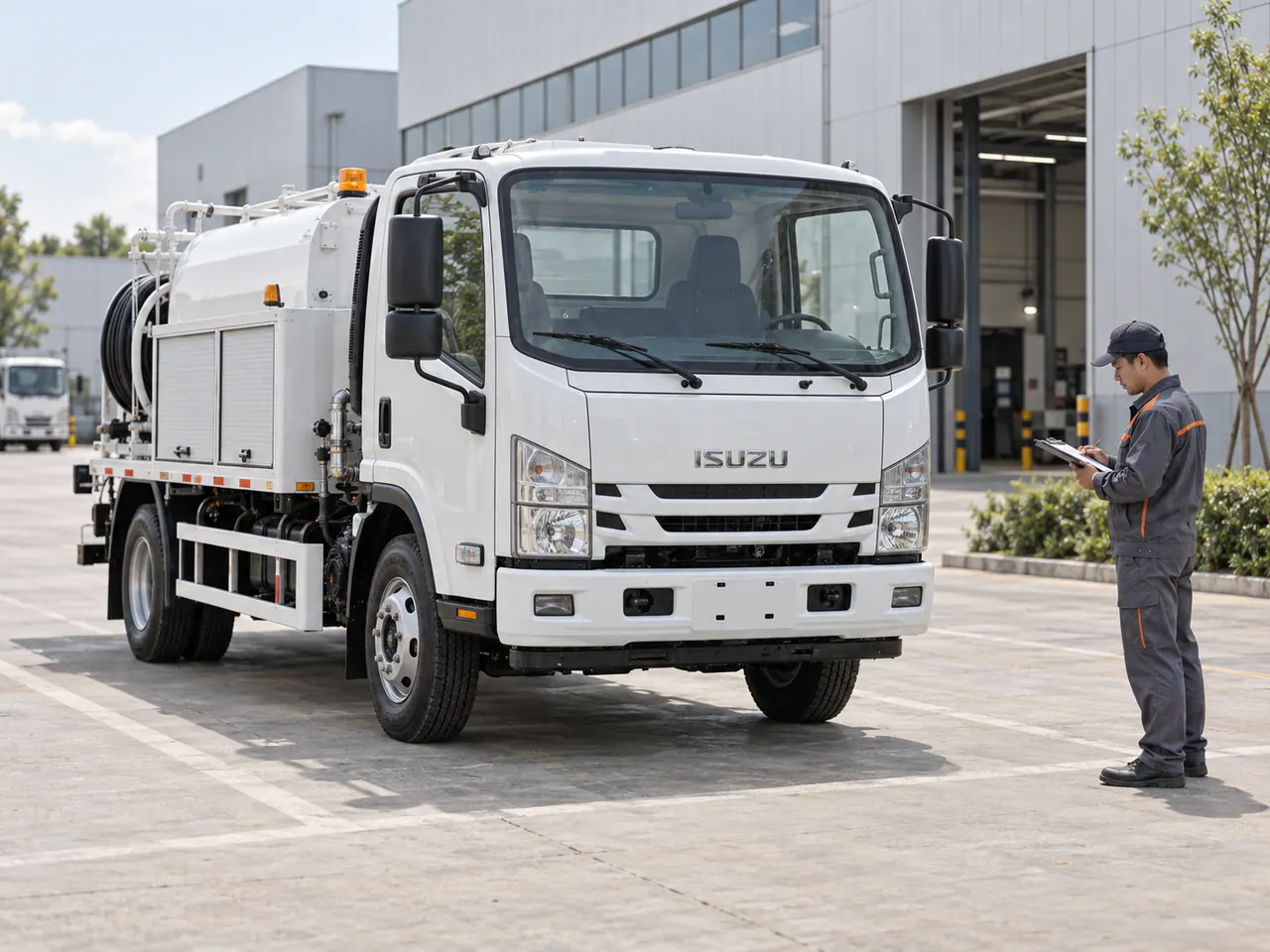 Finished Isuzu cargo truck awaiting inspection inside the factory